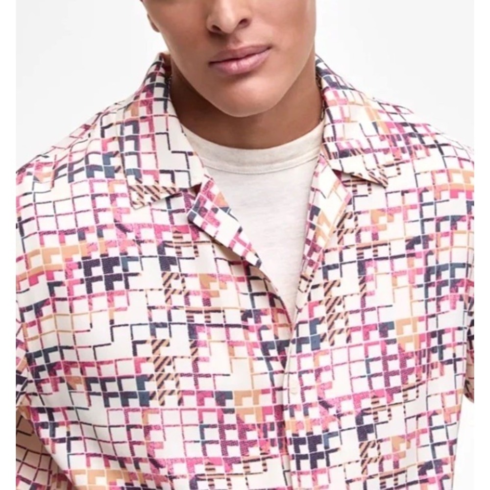 Mode of One Men's XXL Shirt Squared Up Relaxed Geo-Print Button-Down Shiny Twill - Picture 8 of 8